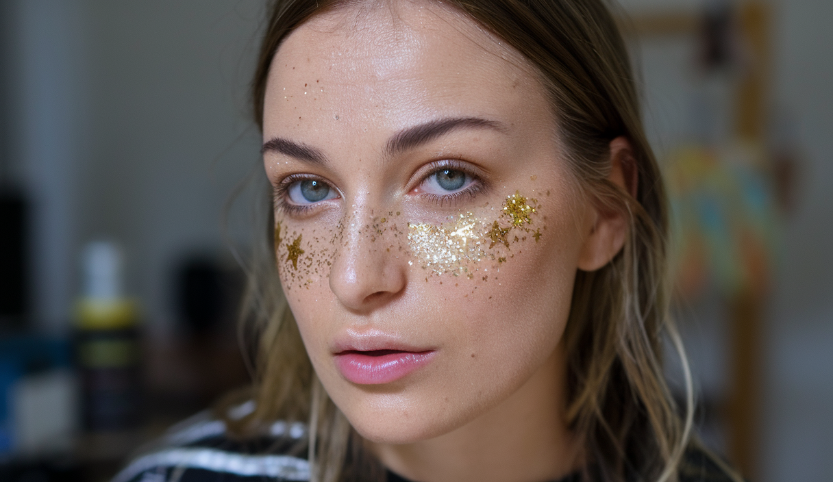 Glitter Freckles, 24PCS Glitter Freckles Face Tattoo, Sparkle Freckles for Women, Waterproof Gold Temporary Face Tattoos Glitter Glow Up Patches Makeup Patches (Multicolored 10pcs)