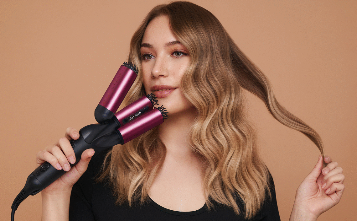 Alure Three Barrel Curling Iron Wand Hair Waver with LCD Temperature Display – 1 Inch Ceramic Tourmaline Triple Barrels, Dual Voltage Crimp (Black/White)
