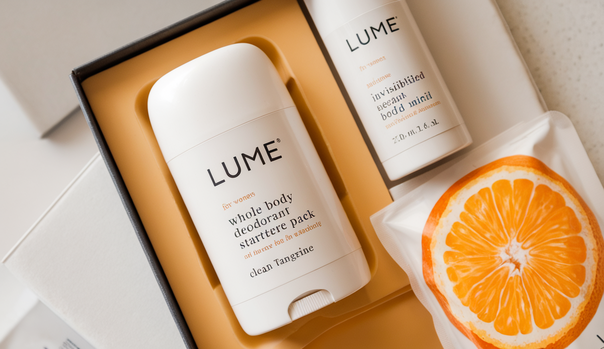 Lume Skin Care Gift Set for Women, Whole Body Deodorant Starter Pack -Smooth Solid Stick, Invisible Cream Tube, Acidified Body Wash Mini & Deodorant Wipes -Aluminum Free Odor Control (Clean Tangerine)