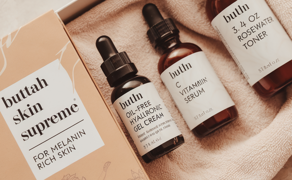 Buttah Skin Supreme Kit for Melanin Rich Skin | Oil-Free Hyaluronic Gel Cream 2 oz | Vitamin C Serum 1 oz | Cleanser 3.4 oz | Rosewater Toner 3.4 oz | Black Owned Skincare